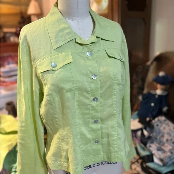 Allison Taylor 100% Linen Lime Green Two-Piece Set (Button Shirt & Pants) L - Picture 2 of 15